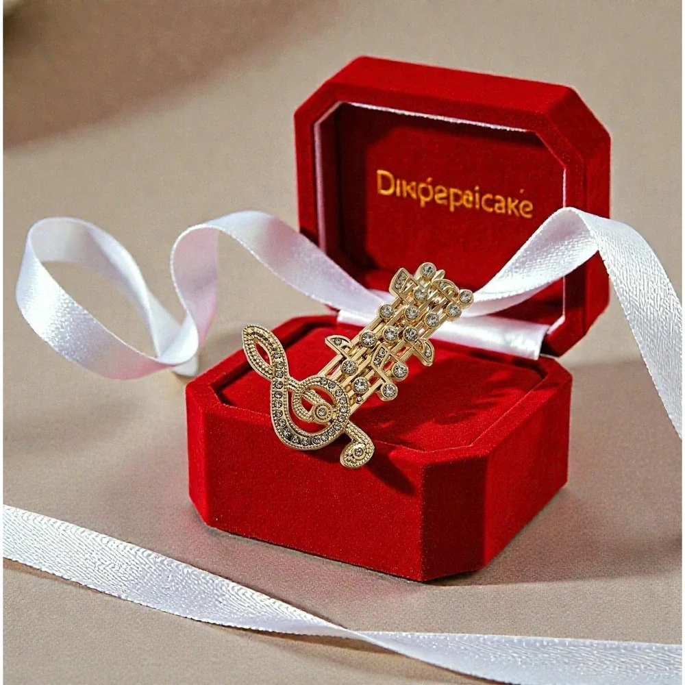 Gold Tone Musical Note Treble Clef Rhinestone Brooch Pin Music Gift‎ with Box